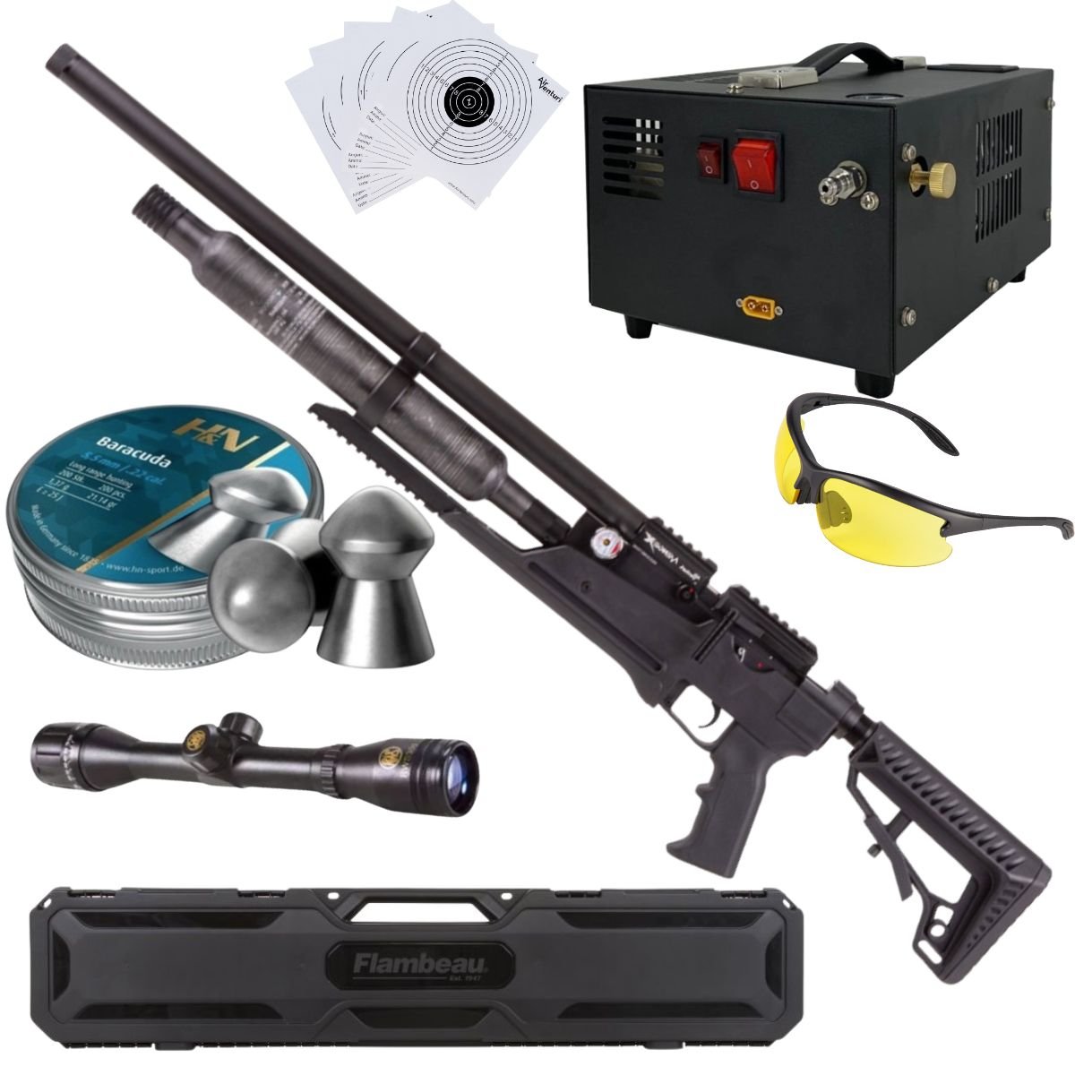 Rifle Air Venturi Avenge-X Tactical PCP .22 (5.5mm) BOTELLA 400cc Kit C/Compresor, pellets, mira, lentes, estuche, targets.